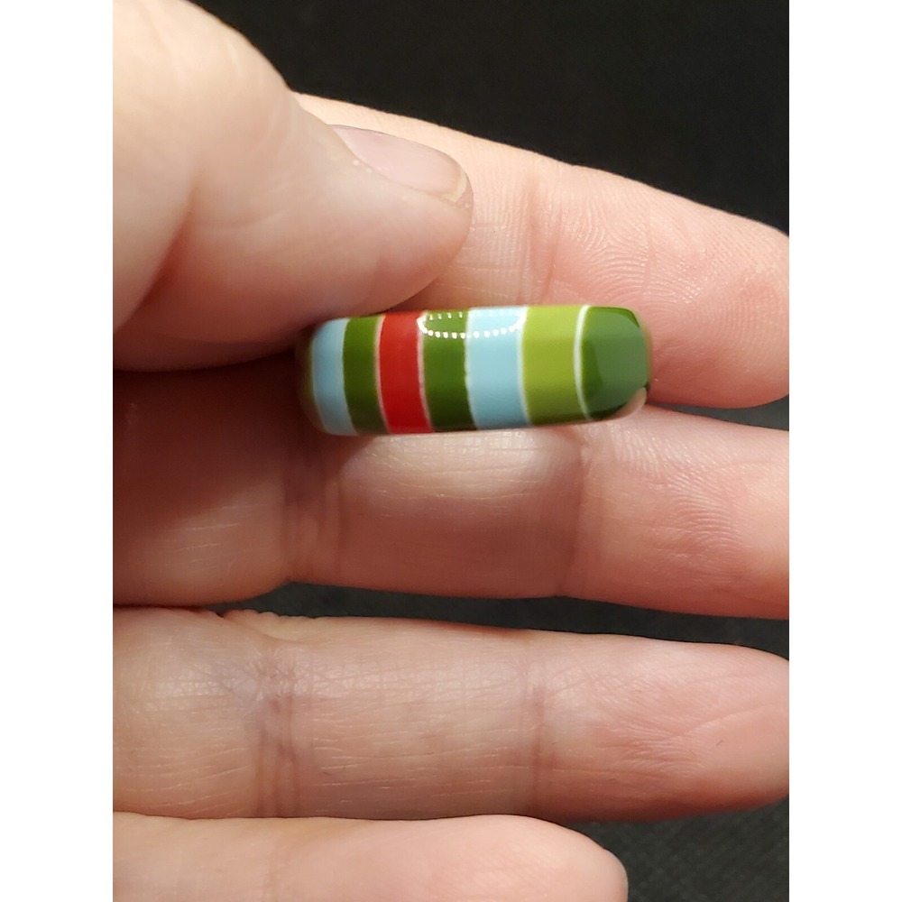 Bright Coloured Striped Green, Blue And Red Plastic Band Ring Size 8